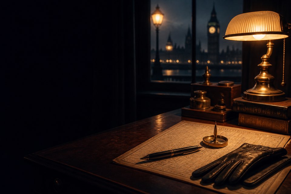 A lamplit detective's desk overlooking London at night.