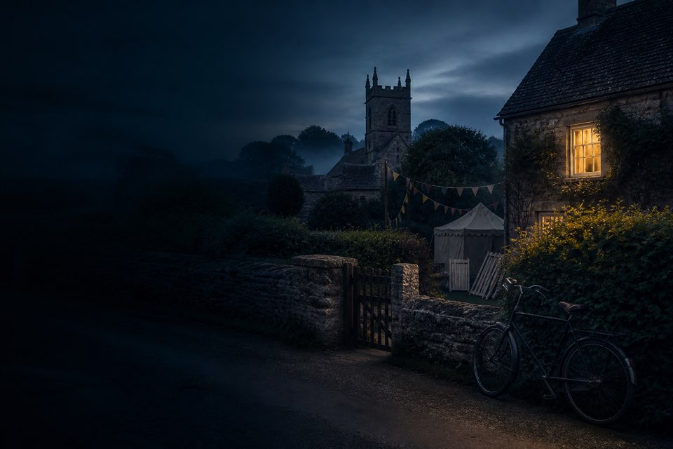 A quiet English village at dusk, with a lit cottage and church.
